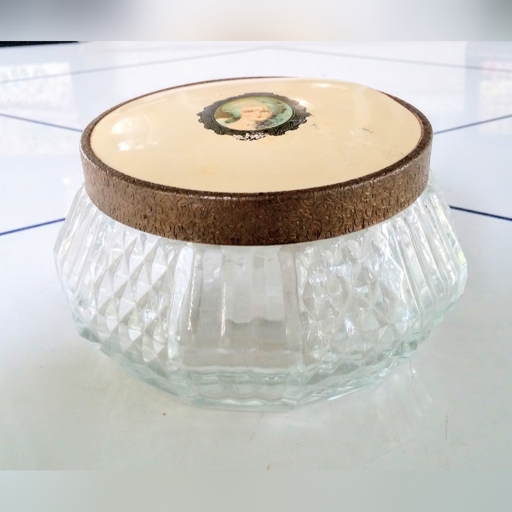 Vintage Glass Vanity Jar with Decorative Cameo Style Lid, Art Deco